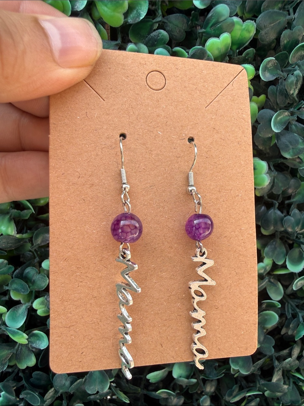 Handcrafted 'Mama' Drop Earrings with Purple Bead